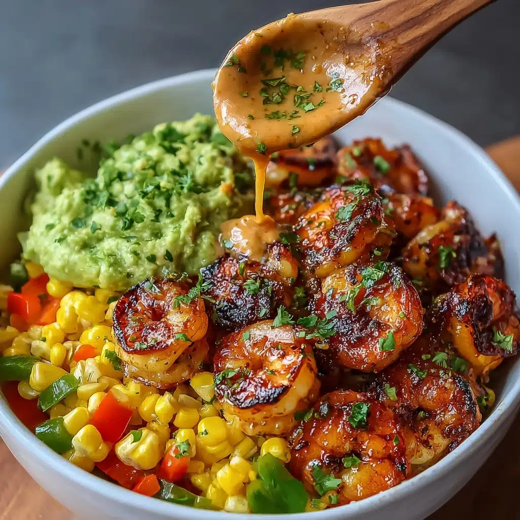 Grilled Shrimp Bowl with Avocado, Corn Salsa & Creamy Sauce Recipe - Recipe Image