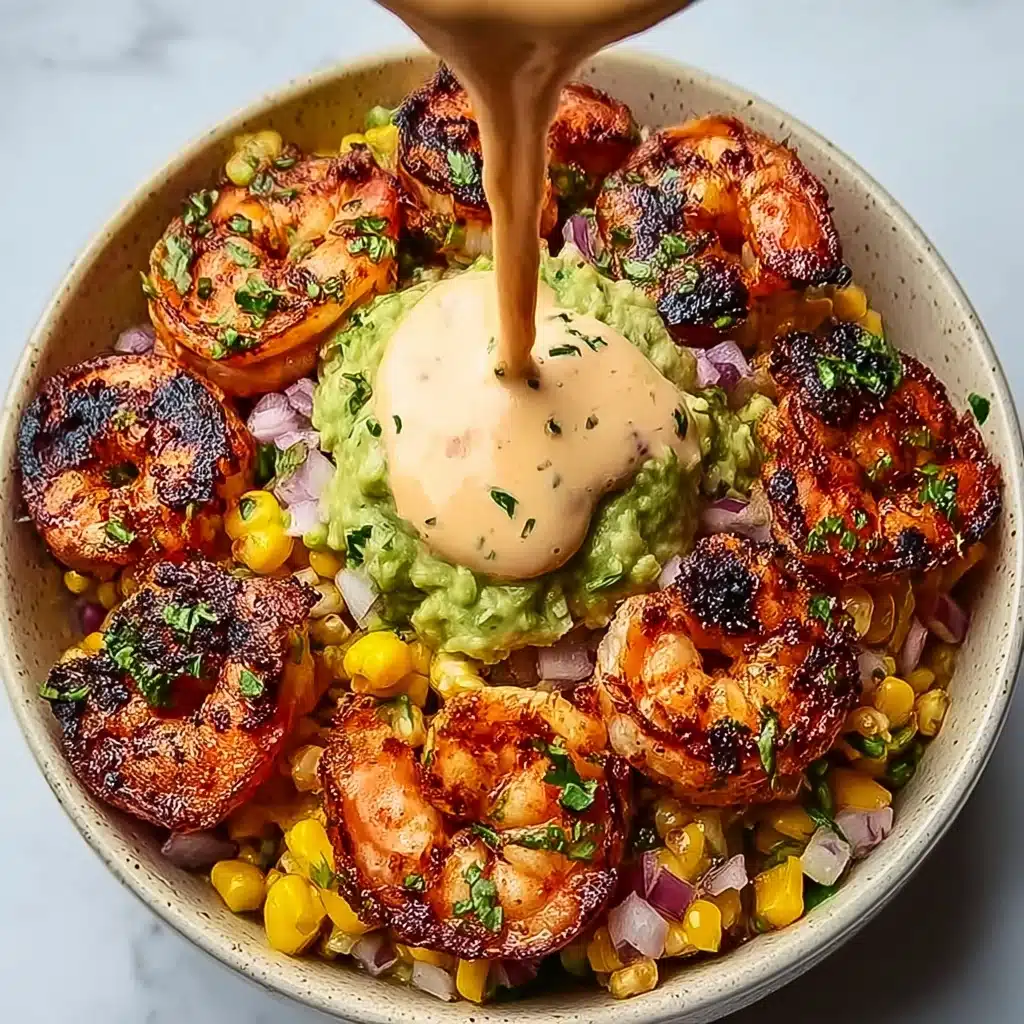 Grilled Shrimp Bowl with Avocado, Corn Salsa & Creamy Sauce Recipe