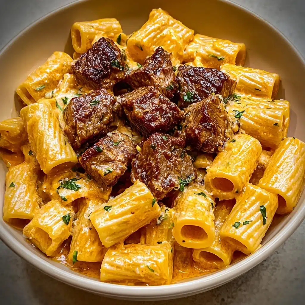 Cajun Steak Tips in Cheesy Rigatoni Parmesan Sauce Recipe - Recipe Image