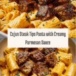 Cajun Steak Tips in Cheesy Rigatoni Parmesan Sauce Recipe