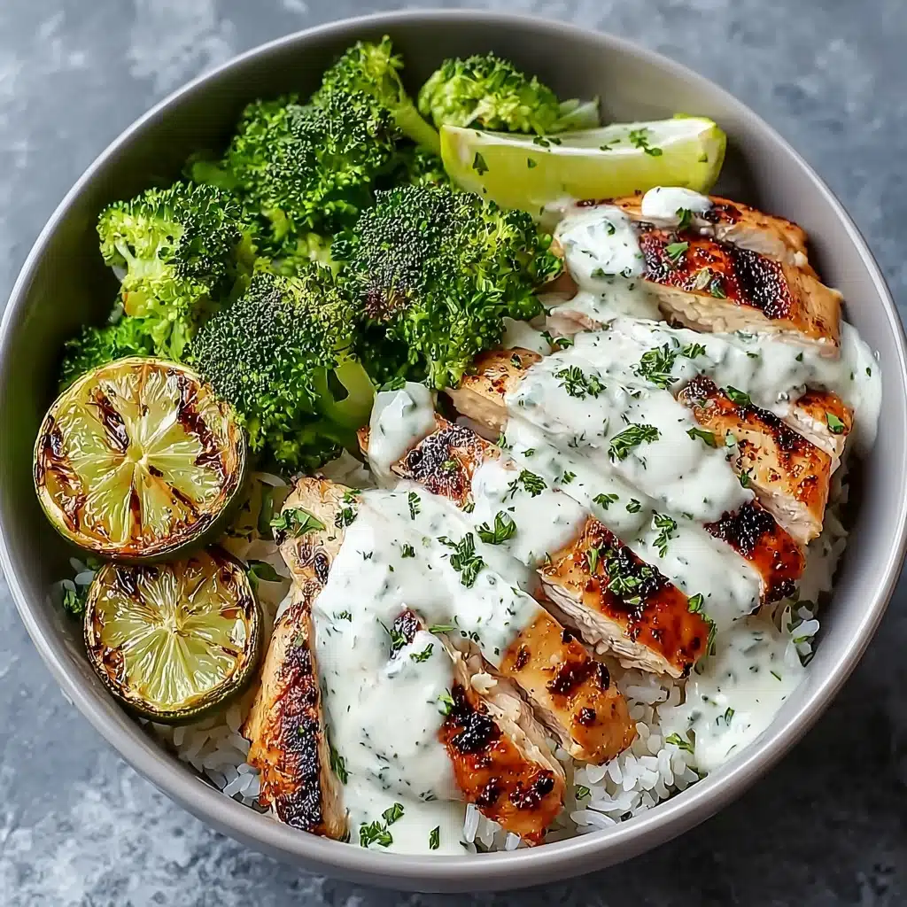 Grilled Chicken & Broccoli Bowls with Creamy Garlic Sauce Recipe - Recipe Image