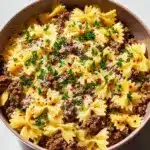 Garlic Butter Bowtie Pasta with Ground Beef Recipe