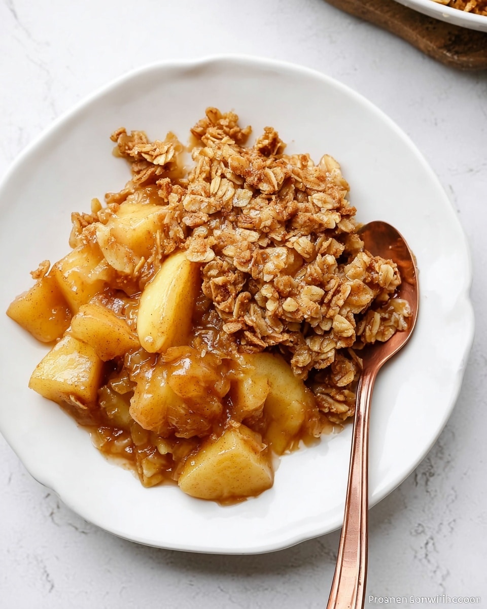 A white plate holds a warm apple crisp with two main layers visible. On the bottom, there are golden cooked apple chunks covered in a light brown syrup, glistening and soft with some spices visible. The top layer is a thick, crumbly oatmeal mixture in a medium brown color, slightly crunchy in texture. A rose gold spoon rests on the edge of the plate, and the plate sits on a white marbled surface. photo taken with an iphone --ar 4:5 --v 7