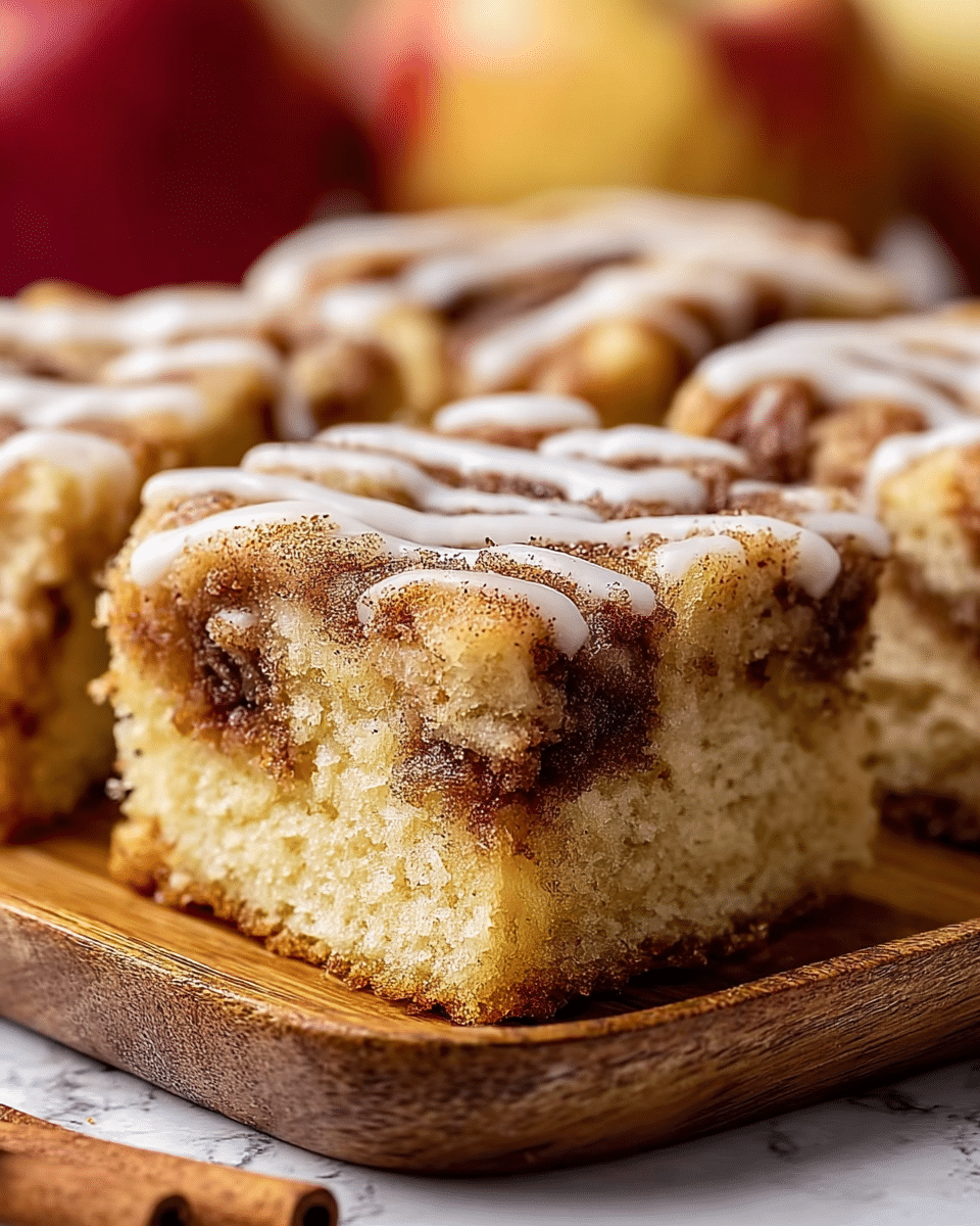 A close-up of a cinnamon roll cake square with three visible layers: a thick, light golden sponge cake base, a middle swirled cinnamon brown layer with a soft texture, and a top layer of cinnamon sugar crumb with a drizzle of white icing glaze. The cake is placed on a wooden tray with two cinnamon sticks in front. The background shows blurred apples and more cake pieces on a white marbled texture surface. Photo taken with an iphone --ar 4:5 --v 7
