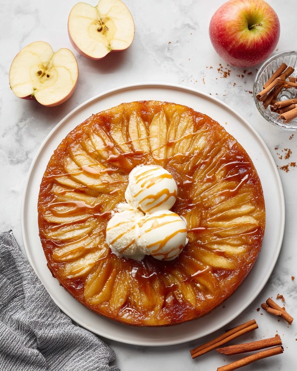 A round apple upside-down cake sits on a white plate, with thinly sliced caramelized apple pieces arranged in a circular pattern covering the entire top, showing golden-brown and glossy textures. On top, there are two scoops of white ice cream drizzled with caramel sauce, placed slightly off-center. Around the plate on a white marbled surface, there are two apple halves at the top left, a whole apple at the bottom right, a small glass filled with cinnamon sticks near the top right, and some scattered cinnamon sticks next to it. A gray and white striped cloth is partially visible at the bottom left. photo taken with an iphone --ar 4:5 --v 7