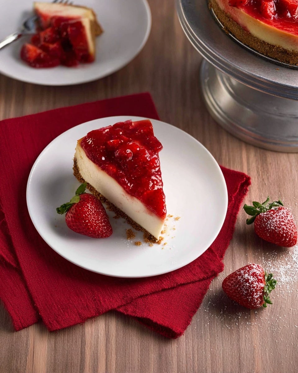 A slice of strawberry cheesecake sits on a white plate on top of a red cloth, showing three layers: a thick crumbly brown crust at the bottom, a smooth cream cheese middle layer in pale beige, and a glossy, chunky bright red strawberry topping covering the entire top. Two whole strawberries with green leaves rest beside the slice on the plate. Next to the plate on the wooden table are three more strawberries with one dusted lightly by crumbs. The whole cheesecake is visible in the top right corner on a silver metal stand, showing the same three layers. A second white plate nearby holds two strawberries and a small piece of cheesecake. The setting is on a wooden surface with a clean, simple look. photo taken with an iphone --ar 4:5 --v 7