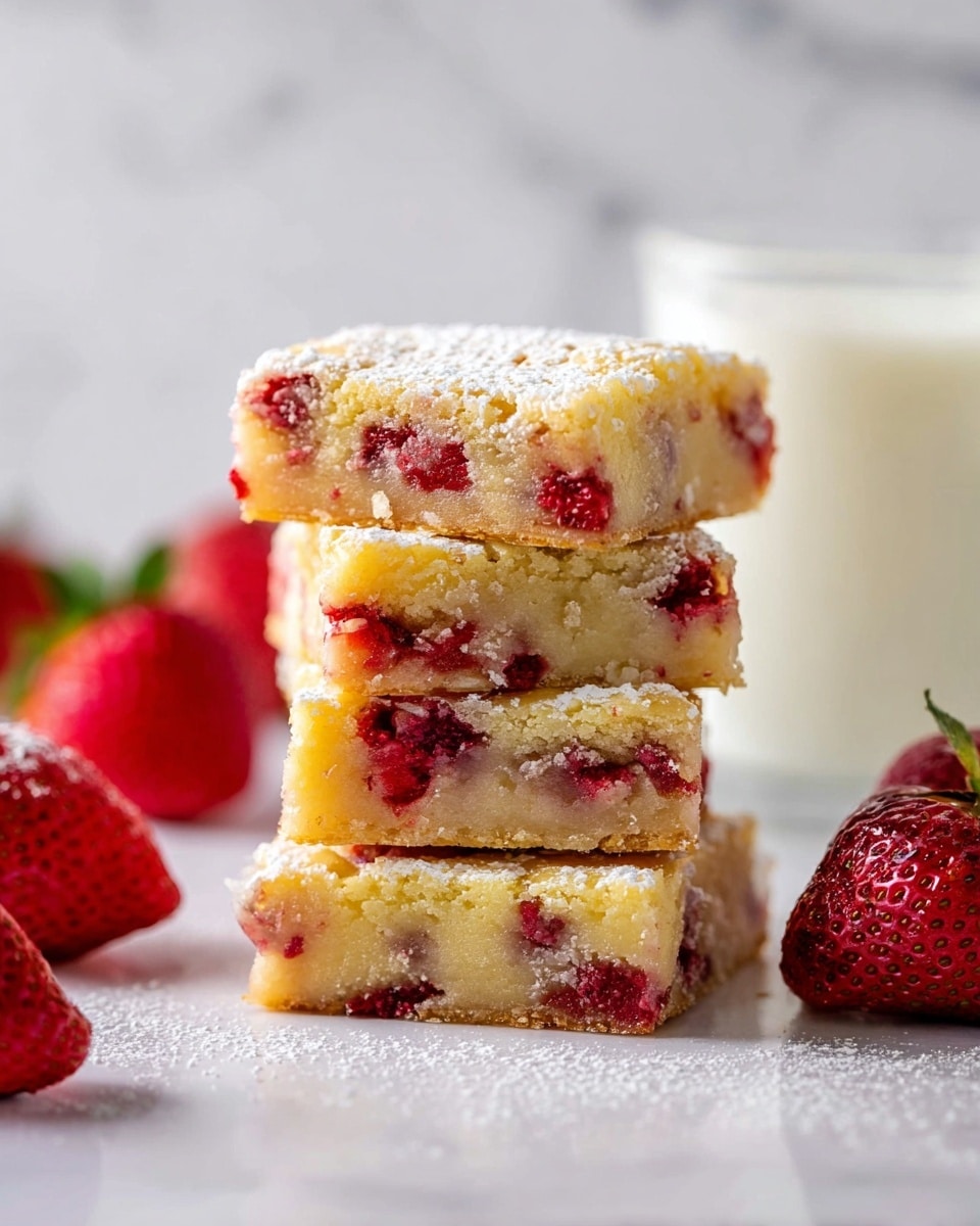 A stack of four square strawberry blondies with creamy yellow dough and visible bright red strawberry pieces inside each layer, lightly dusted with powdered sugar on a white marbled surface, fresh whole strawberries scattered around and a white glass of milk partly visible in the background, with a soft blurred white marbled texture behind. photo taken with an iphone --ar 4:5 --v 7