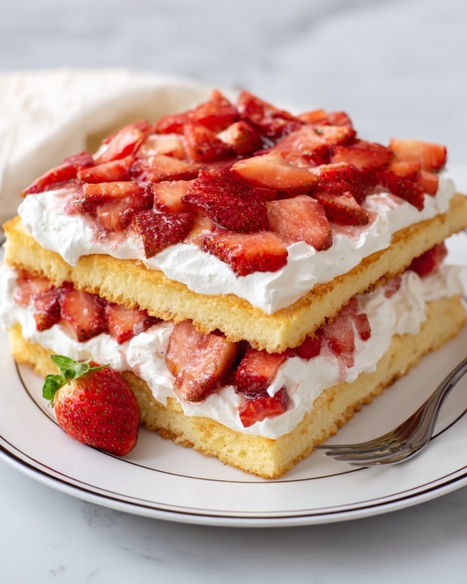 The image shows a square layered strawberry shortcake with two golden sponge cake layers. Between the layers and on top there is white whipped cream, looking fluffy and soft. Bright red sliced strawberries are spread on the whipped cream between the cake layers and generously piled on top, giving a fresh and juicy look. The dessert is placed on a white plate with a thin black rim, set on a white marbled surface, with a silver fork visible in the corner. photo taken with an iphone --ar 4:5 --v 7