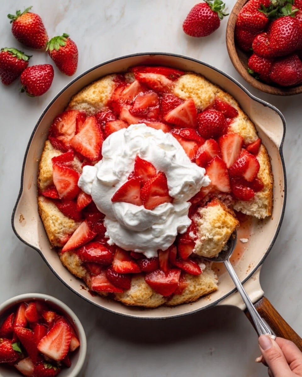 A black cast iron skillet holds a single-layer golden baked cake topped with fresh red strawberry slices scattered all over. In the middle, there is a generous swirl of white whipped cream sitting on the strawberries. The skillet is placed on a white marbled surface next to a white cloth with gray dots. photo taken with an iphone --ar 4:5 --v 7