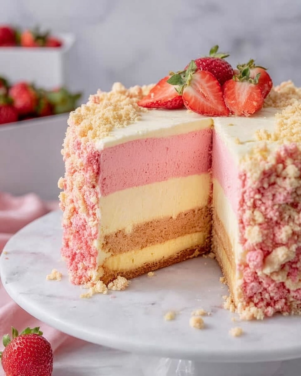 The image shows a round cake on a white cake stand with a white marbled surface underneath. The cake has three layers: the top and bottom layers are pink and soft in texture, while the middle layer is a thick, creamy light yellow cheesecake. The outside of the cake is covered with pink and beige crumbled pieces that give it a rough texture. There are a few fresh strawberries on the white marbled surface around the cake, and a white box with more strawberries can be seen in the background. Photo taken with an iphone --ar 4:5 --v 7