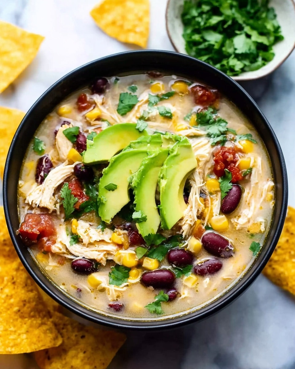A black bowl filled with a colorful chicken soup that has a light creamy broth with yellow corn kernels, dark red kidney beans, shredded white chicken, and small diced red tomatoes, topped with three bright green slices of avocado and fresh green cilantro leaves, placed on a white marbled surface, with yellow tortilla chips scattered around the bowl and a small white bowl of fresh cilantro in the background, photo taken with an iphone --ar 4:5 --v 7