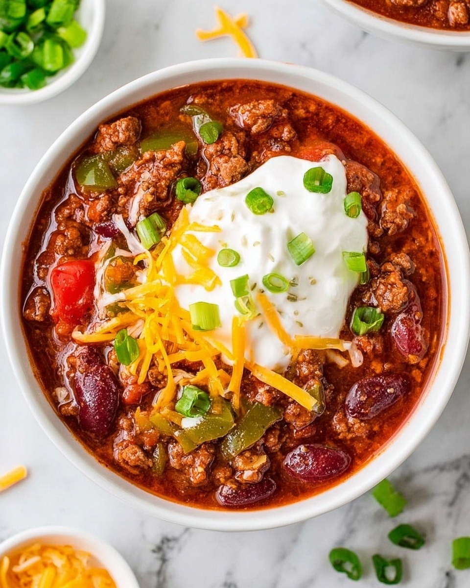 A white bowl filled with thick chili made of ground meat, kidney beans, green bell peppers, and small tomato pieces in a rich red sauce. On top, there is a big dollop of white sour cream, sprinkled with shredded yellow cheddar cheese and small green onion slices. The bowl sits on a white marbled surface with scattered green onion pieces and cheese bits nearby. Photo taken with an iphone --ar 4:5 --v 7