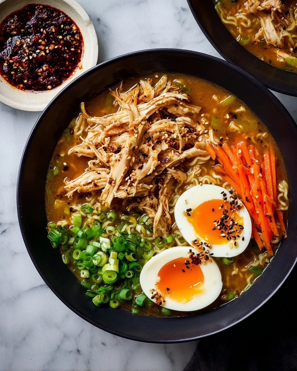 A black bowl filled with ramen noodles in a light brown broth forms the base layer, topped with shredded brown chicken arranged on one side. Thin, bright orange carrot sticks are placed next to the chicken, and chopped green onions cover another section of the bowl, adding a fresh green color. Two halves of a soft-boiled egg with runny, deep orange yolks and white edges rest on top, sprinkled with black and white sesame seeds. The bowl sits on a white marbled surface, and nearby is a small white dish filled with dark red chili oil, with scattered black and white sesame seeds around. photo taken with an iphone --ar 4:5 --v 7