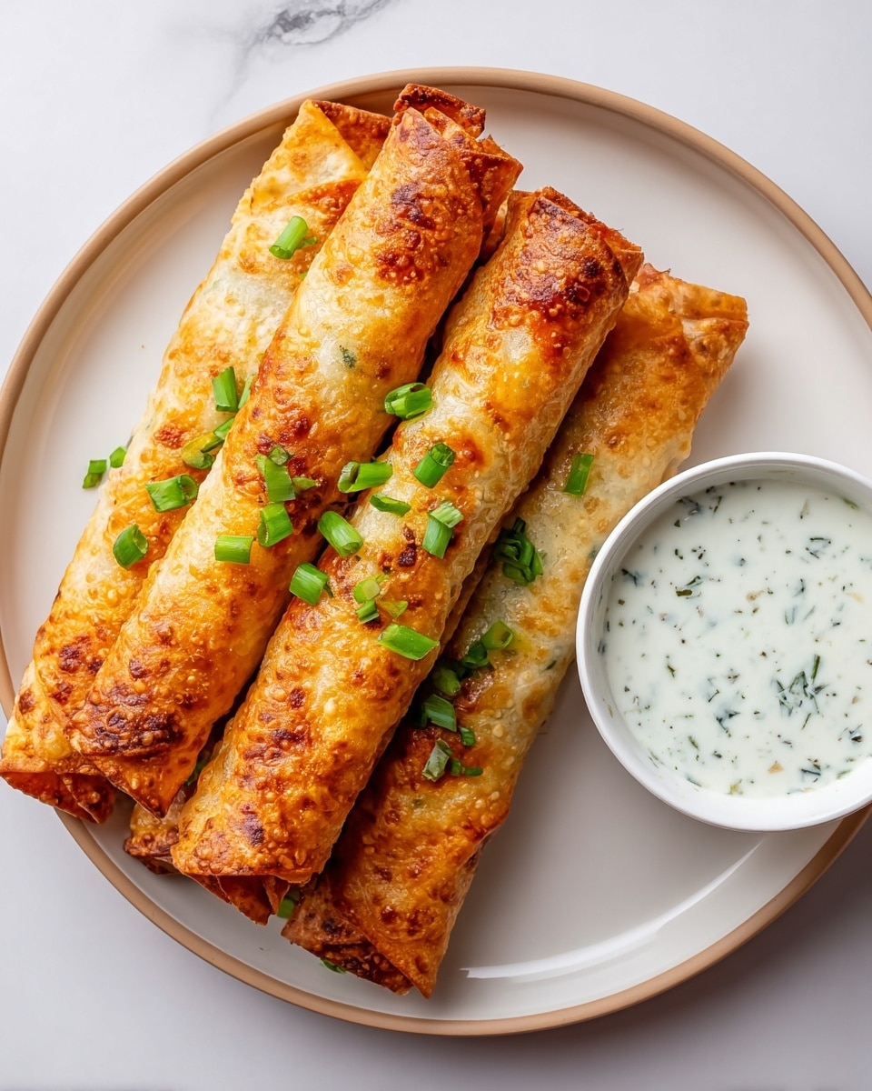 The image shows five golden brown, crispy rolled taquitos arranged in a neat stack on a white plate with a light beige rim. The taquitos are tightly rolled with slightly uneven browned spots on their crunchy shells, indicating they are fried. Bright green chopped scallions are sprinkled lightly over the top, adding a fresh pop of color. On the right side of the plate, there is a small white bowl filled with creamy white dipping sauce with visible green and black herbs mixed in. The plate sits on a white marbled surface, creating a clean and bright background. photo taken with an iphone --ar 4:5 --v 7