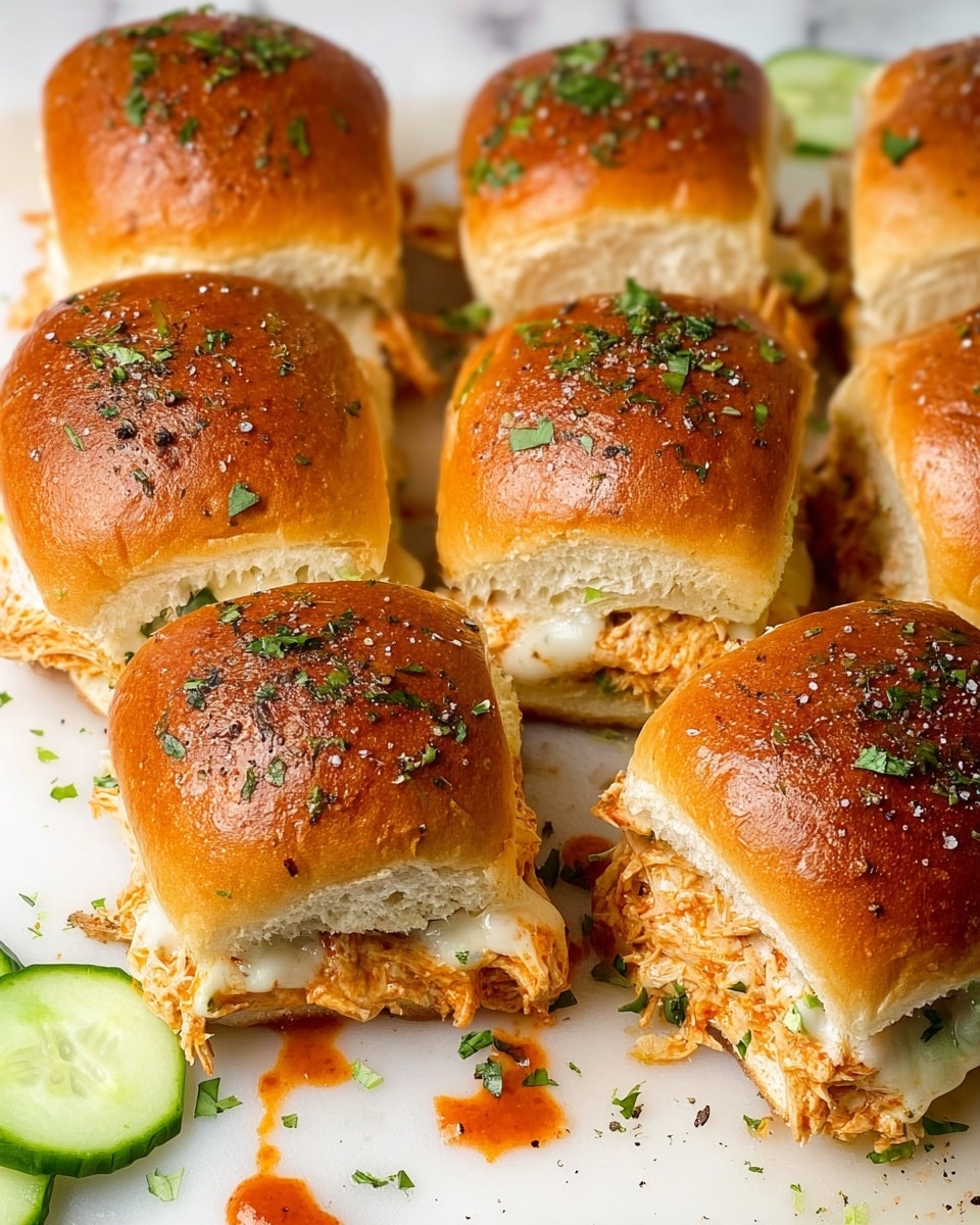 The image shows a close-up of seven small sandwich sliders arranged on a white marbled surface. Each slider has a golden-brown, slightly crispy top bun sprinkled with herbs and black pepper. Inside the sliders, there is a thick layer of shredded chicken mixed with melted cheese and a reddish-orange sauce, visible between the buns. The chicken layer looks moist and soft, with strands peeking out from the sides. Scattered green parsley pieces add a fresh touch on top of the buns and the filling. On the left side of the image, there are a few pale green cucumber slices with bumpy skin placed casually next to the sliders. Photo taken with an iphone --ar 4:5 --v 7