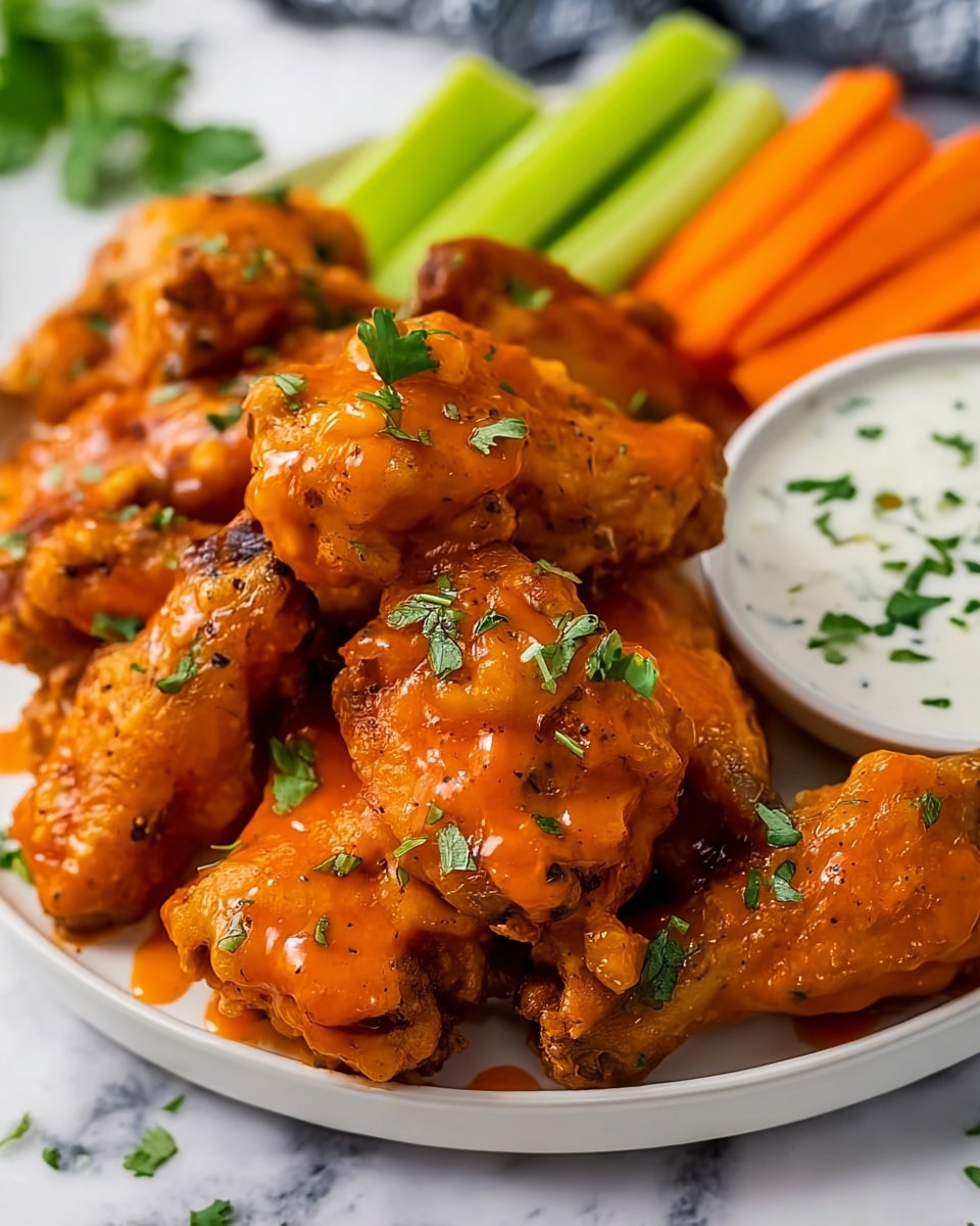 A white plate filled with several crispy chicken wings covered in a shiny orange buffalo sauce, garnished with small green herb leaves scattered on top and around the wings. In the background, there are fresh celery and carrot sticks arranged neatly. To the side on the plate is a small bowl of creamy white dipping sauce sprinkled with finely chopped green herbs. The plate is set on a white marbled surface. photo taken with an iphone --ar 4:5 --v 7
