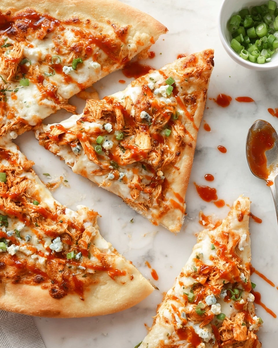 The image shows three slices of pizza on a white marbled surface. Each slice has a golden brown crust that looks soft and slightly thick. The first layer is melted white cheese that covers the entire surface, melted but not too browned. Over the cheese, there are shredded pieces of orange-colored chicken spread across the slices. Small bits of blue cheese and chopped green onions are scattered evenly on top, adding spots of white and green colors. Bright red-orange hot sauce is drizzled over the pizza in irregular lines and drops. To the right, there is a spoon with some hot sauce on it, resting on the white marbled surface, and a small white bowl with more green onions above it. Photo taken with an iphone --ar 4:5 --v 7