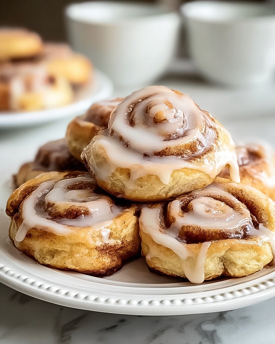 A white plate holds five cinnamon roll cookies arranged closely together, each cookie showing one visible thick spiral layer of golden-brown dough with a darker cinnamon-sugar filling swirl inside, topped with a thin, shiny glaze that pools slightly in the spiral grooves. The surface is smooth with a soft, baked texture. The background is slightly blurred but shows more cookies on a white plate and a white cup on a white marbled surface. photo taken with an iphone --ar 4:5 --v 7
