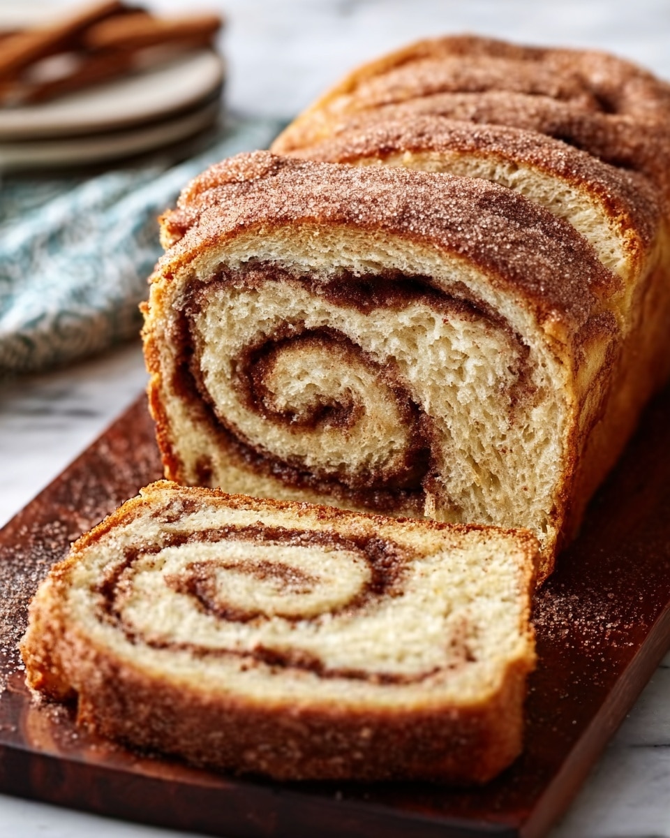 A close-up of a loaf of cinnamon swirl bread with a soft, golden-brown crust dusted lightly with powdered sugar. The loaf is sliced to show the inside layers: a light beige bread with a darker brown cinnamon swirl wrapped tightly in a spiral from top to bottom. The texture of the bread looks fluffy and moist while the cinnamon swirl is smooth and evenly spread. It sits on a wooden board with a folded blue and white checkered cloth beneath. The background is a white marbled surface with a blurry cup in the back. Photo taken with an iphone --ar 4:5 --v 7