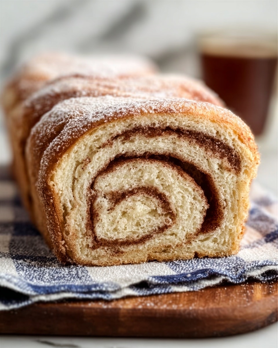 A loaf of cinnamon swirl bread is sliced to show its inside layers. The bread has two main layers: a soft light golden brown dough with a fluffy texture, and thick dark cinnamon swirls twisted evenly throughout. The crust on the outside is a darker brown with a slightly rough texture and a dusting of cinnamon sugar on top. The bread rests on a dark wooden board, with part of a light blue and white cloth visible blurred in the background on a white marbled surface. Photo taken with an iphone --ar 4:5 --v 7