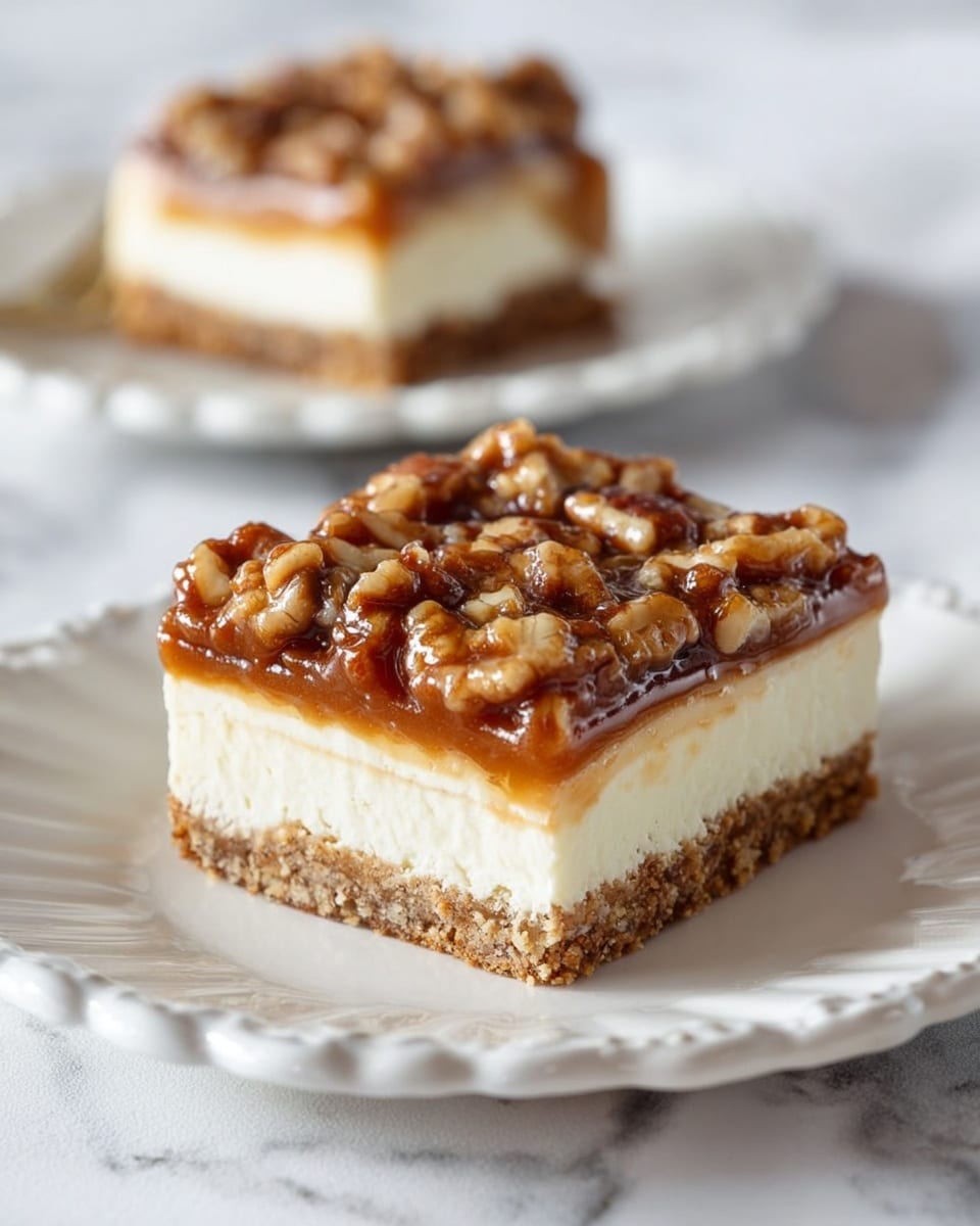 The image shows a square slice of a three-layer dessert on a white scalloped plate set on a white marbled surface. The bottom layer is crumbly and light brown, resembling a cookie or graham cracker crust. The middle layer is a thick, smooth, and creamy off-white cheesecake filling. The top layer is a glossy caramel-colored sauce with a generous amount of chunky pecans embedded, giving it a textured, nutty look. In the background, there is a slightly blurred second slice of the same dessert on another white scalloped plate. Photo taken with an iphone --ar 4:5 --v 7