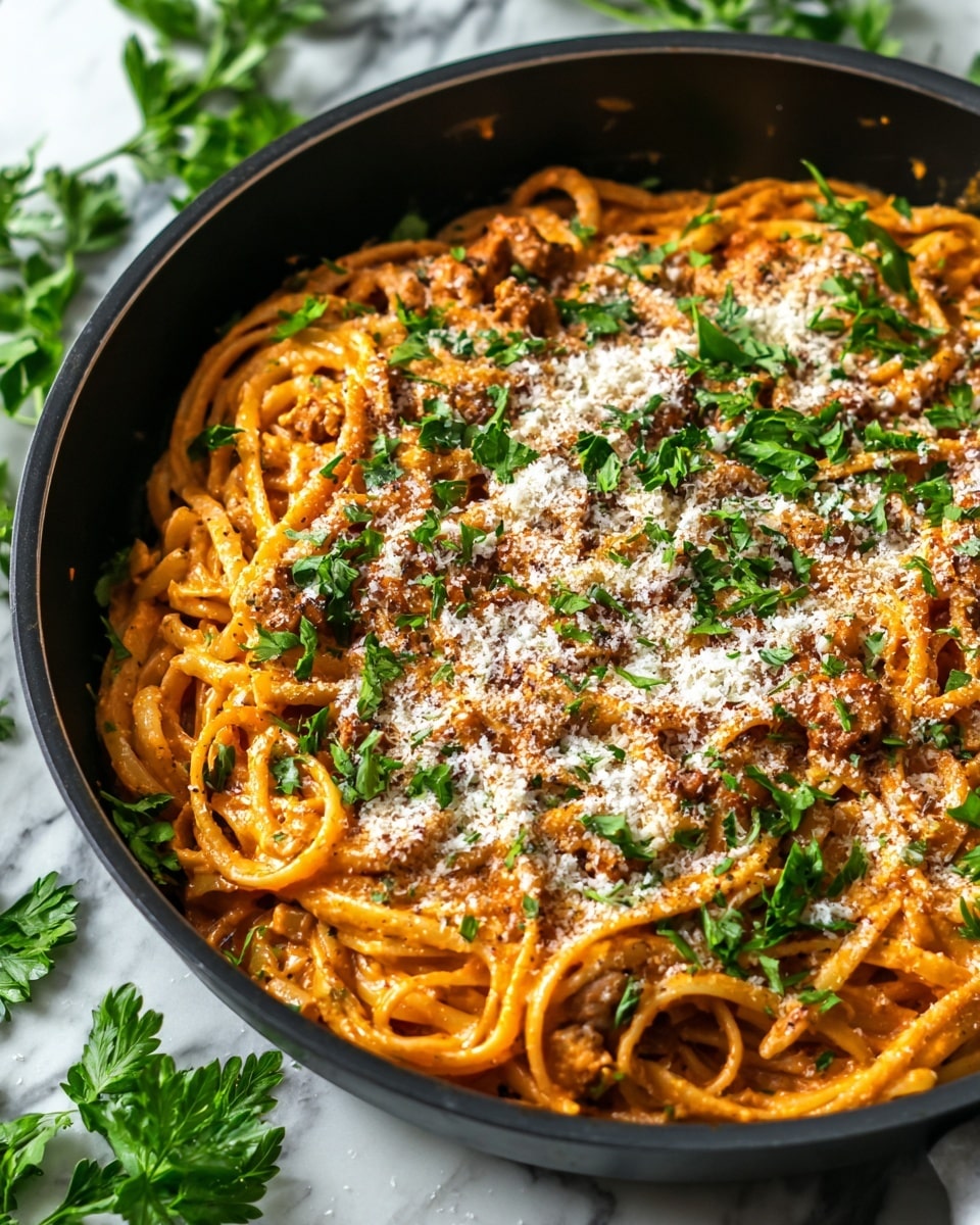 A black pan filled with creamy fettuccine pasta mixed evenly with a rich, orange-colored sauce that has a smooth texture. Scattered throughout the pasta are small pieces of red sun-dried tomatoes, adding a pop of color, and chopped green parsley leaves spread generously over the top. The dish is speckled with black pepper and finely grated white cheese, which adds texture and contrast. The pan sits on a surface with a white marbled texture, highlighting the vivid colors of the pasta and garnish. photo taken with an iphone --ar 4:5 --v 7