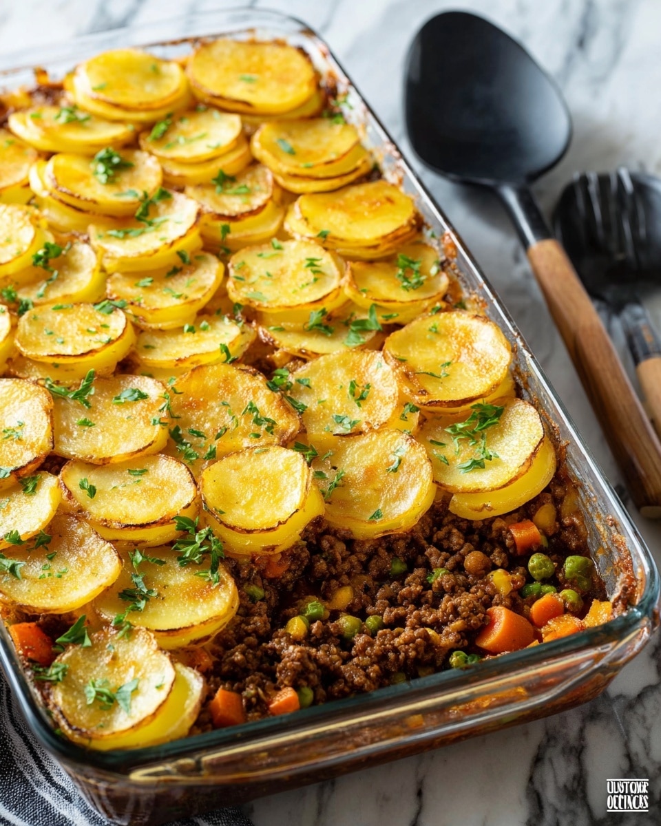 A glass rectangular dish filled with a layered potato casserole, the top layer showing thin slices of golden yellow potatoes with browned, crispy edges, sprinkled with small green parsley leaves. Underneath is a thick, rich layer of brown cooked ground meat mixed with orange diced carrots and green peas, visible at the dish's lower right corner. The dish sits on a white marbled surface, next to a black spoon with a wooden handle and a striped cloth. photo taken with an iphone --ar 4:5 --v 7