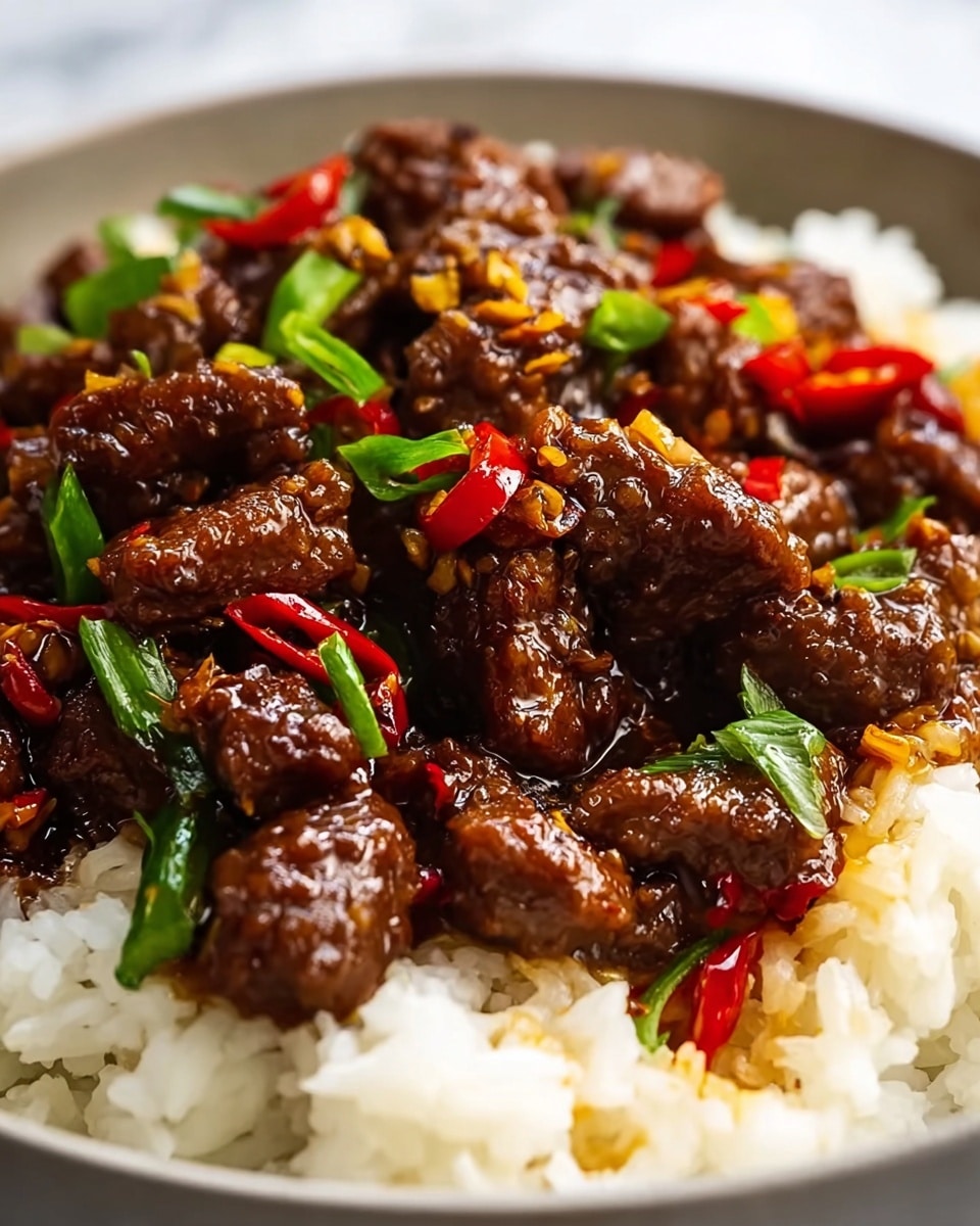 A white bowl filled with a bed of white rice at the bottom layer, topped with a thick layer of dark brown, glossy stir-fried beef mixed with small pieces of vegetables. On top, bright red and green slices of chili peppers and fresh green cilantro leaves are scattered, along with white sesame seeds sprinkled evenly over the dish. The bowl is set on a white marbled surface. Photo taken with an iphone --ar 4:5 --v 7