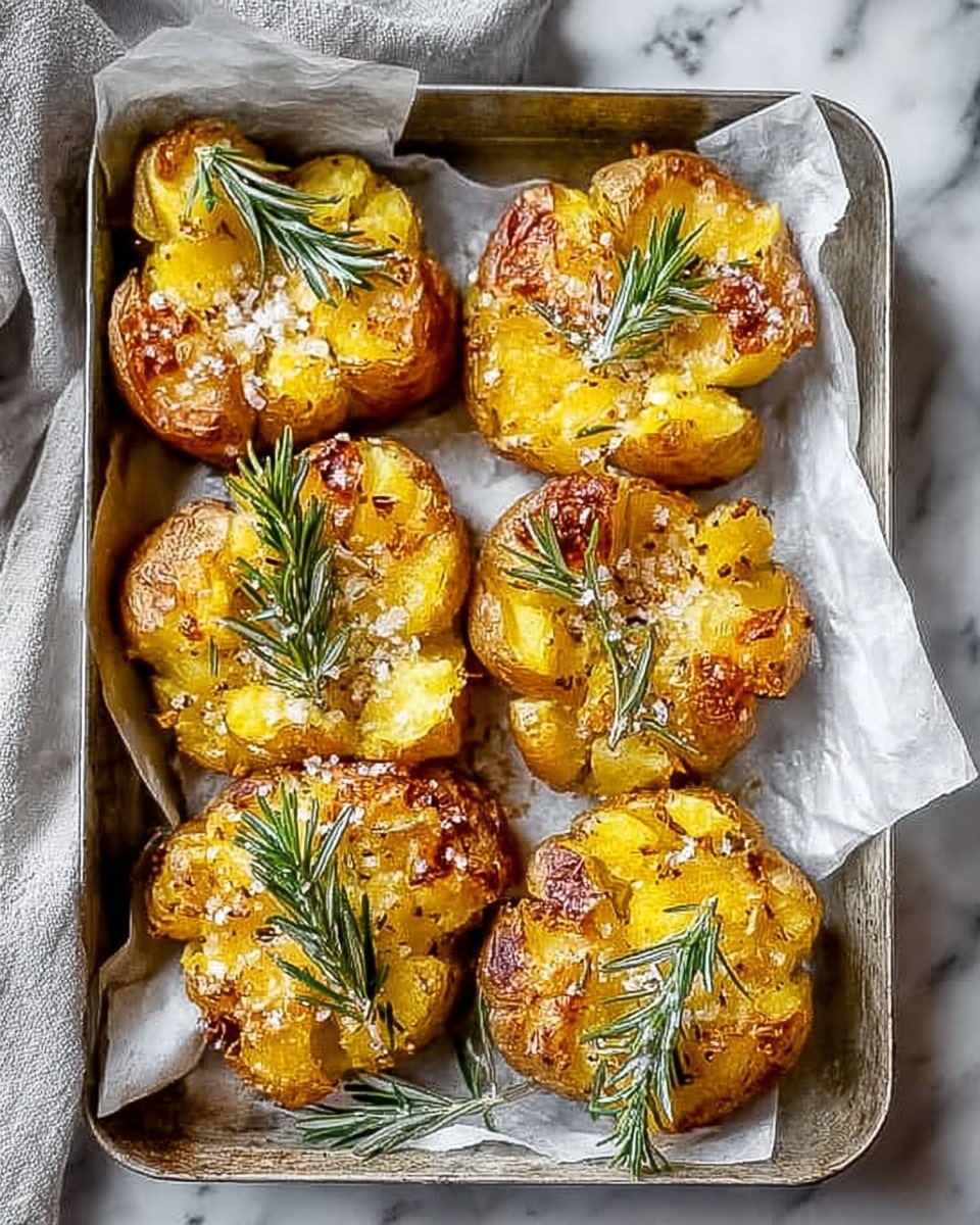 The image shows a metal baking tray lined with white parchment paper holding eight smashed baked potatoes. Each potato is golden yellow with crispy brown edges and bits of coarse salt sprinkled on top. A few green rosemary sprigs sit on some of the potatoes, adding a pop of color. The tray is set on a white marbled surface with a light grey cloth partially visible in the background, giving a fresh and clean look. Photo taken with an iphone --ar 4:5 --v 7