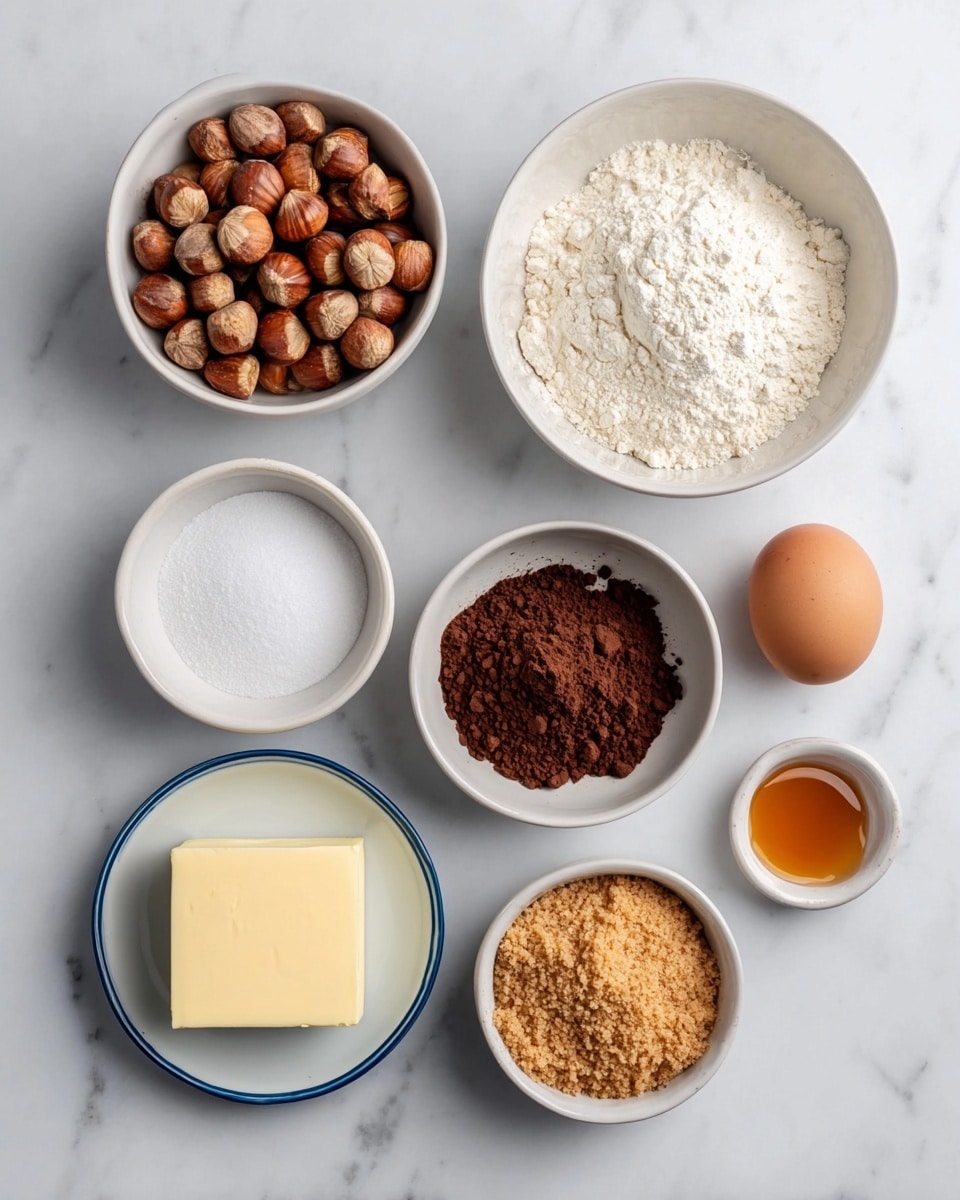 The image shows seven small white bowls arranged on a white marbled surface, with different baking ingredients inside each. At the top left, a bowl holds light and dark brown hazelnuts. To the right of it, another bowl is filled with fine white flour. Below these, a small bowl holds coarse white sugar on the left, and on the right, a bowl contains light brown raw sugar. In the center, a small bowl with dark brown cocoa powder sits above a single brown egg placed directly on the surface. At the bottom left, a white plate with a dark blue rim holds a stick of yellow butter, and at the bottom right, a small empty white bowl has a little bit of amber vanilla extract inside. The items are neatly arranged, emphasizing their natural colors and textures. photo taken with an iphone --ar 4:5 --v 7