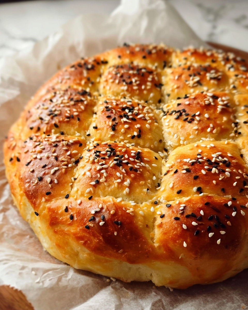 Two golden brown round breads sit stacked on a white parchment paper over a wooden board, placed on a white marbled surface. Each bread has a thick, smooth crust around the edges and a patterned top with raised, puffed squares. The surface is sprinkled generously with white and black sesame seeds, adding a speckled texture. The breads have a shiny, slightly oily look suggesting they were brushed with oil before baking. In the background, a light beige and dark grey cloth softly folds, enhancing the cozy look. photo taken with an iphone --ar 4:5 --v 7