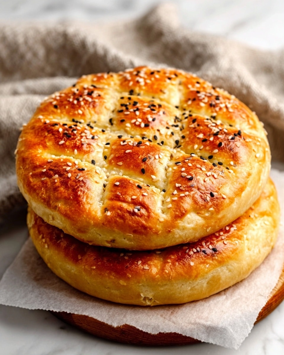 A round, golden-brown bread with a shiny surface topped with white and black sesame seeds, showing a slightly puffy texture with deep square sections forming a grid on top, the edges being thicker and darker, sitting on white parchment paper over a white marbled texture. photo taken with an iphone --ar 4:5 --v 7