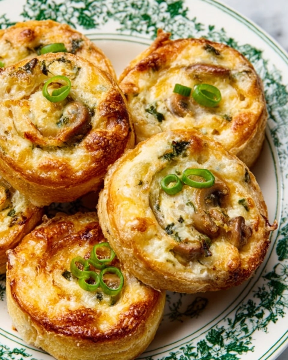 The image shows several golden-brown cheese and herb rolls on a white plate with a green floral pattern. Each roll has a thick, crispy outer layer with melted cheese that looks bubbly and lightly browned, covering the top and edges. Swirling inside the roll are visible bits of green herbs and pieces of mushroom, creating a textured look with cream and light brown colors. A few rolls are topped with small slices of fresh green onion, adding a bright pop of color. The background is a white marbled surface. Photo taken with an iphone --ar 4:5 --v 7