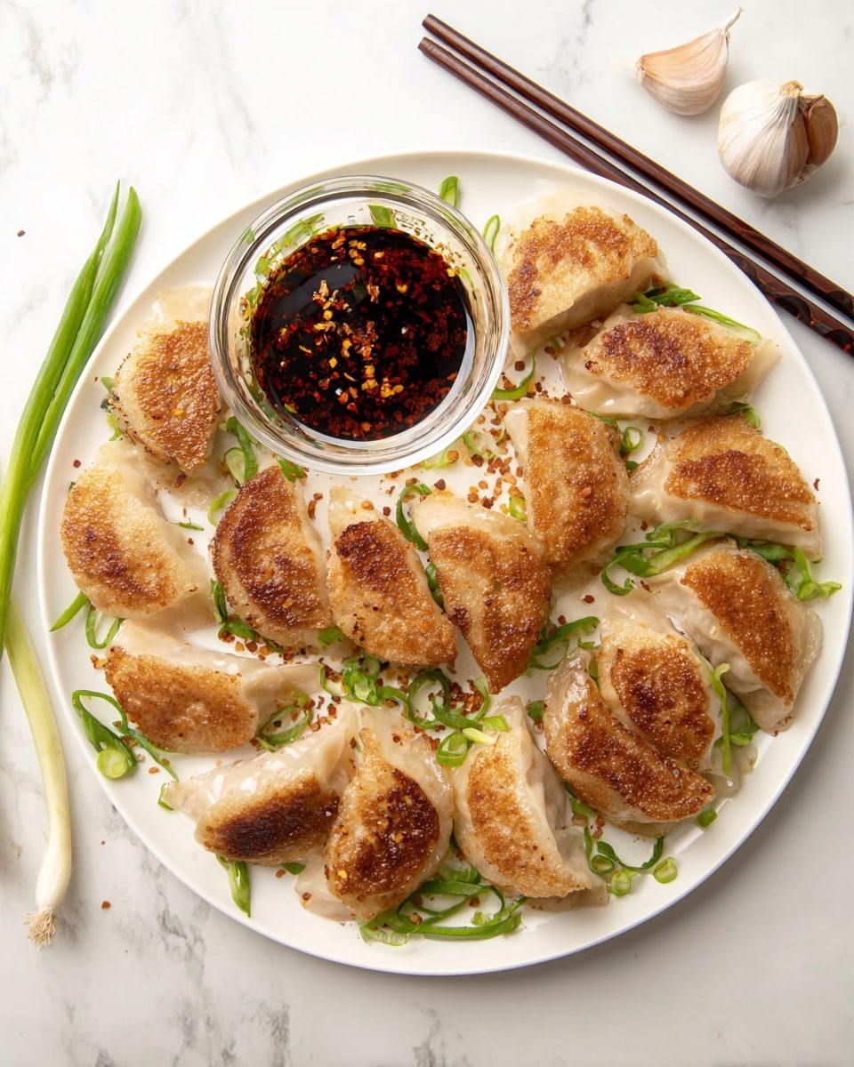 A white plate sits on a white marbled texture, filled with about sixteen pan-fried dumplings arranged in a loose circle. Each dumpling has a crispy golden-brown bottom with a slightly uneven texture, while the tops are soft, pale, and translucent. Bright green sliced scallions are scattered beneath and around the dumplings, adding a pop of color. A small clear glass bowl filled with dark soy-based dipping sauce flecked with red chili flakes and sesame seeds is placed on the left side of the plate. At the top right side of the plate, a pair of dark brown chopsticks lies parallel to the edge. Near the bottom right of the frame, three whole garlic cloves rest on the white marbled texture. Photo taken with an iphone --ar 4:5 --v 7