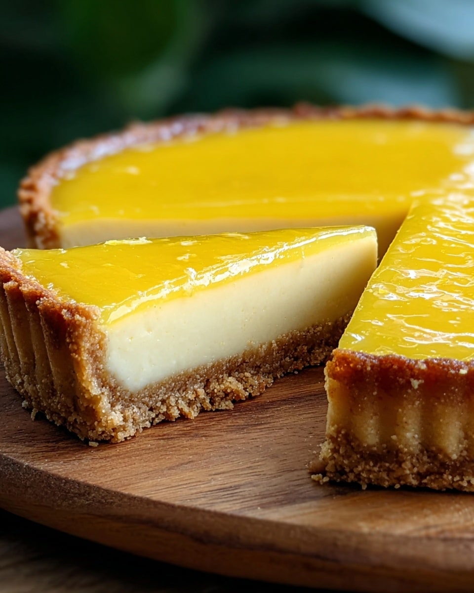 A round tart is placed on a wooden board with a slice cut out, showing three distinct layers: a thick light brown crust forming the base and sides with a rough texture, a smooth, creamy white filling layer in the middle, and a shiny, bright yellow layer on top that looks smooth and slightly glossy. The background is blurred dark green. Photo taken with an iphone --ar 4:5 --v 7