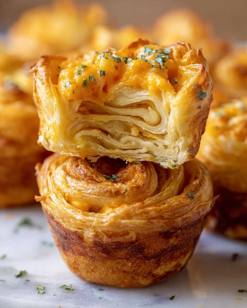 A close-up of several golden-brown, spiral-shaped savory pastries stacked together inside a rustic wooden box lined with light brown parchment paper, each pastry showing multiple thin, flaky layers with a slightly crispy texture. Small green herbs and bits of white cheese are sprinkled on top, adding color contrast and texture. The wooden box has visible grain and rope handles at the bottom, and the background consists of a white marbled texture. Photo taken with an iphone --ar 4:5 --v 7