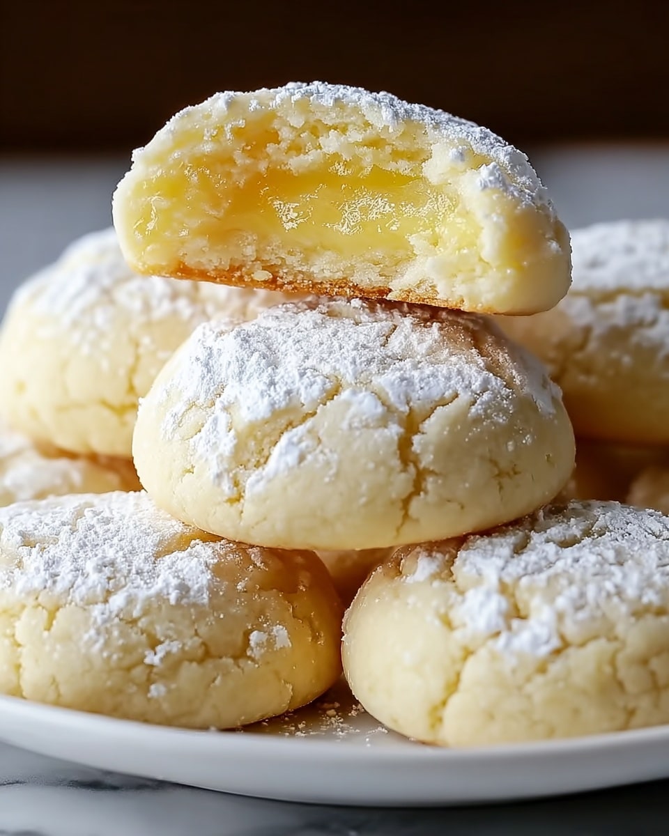 The image shows a close-up of several soft, round lemon cookies stacked on a white plate on a white marbled surface. Each cookie has a pale yellow dough with a powder of white powdered sugar on top, creating a light, powdery texture. The cookie on top is bitten halfway, revealing a gooey, shiny lemon filling inside with a smooth texture and a golden-yellow color, while the cookie dough around it is crumbly and slightly cracked. The arrangement is casual, with cookies touching each other closely. Photo taken with an iphone --ar 4:5 --v 7