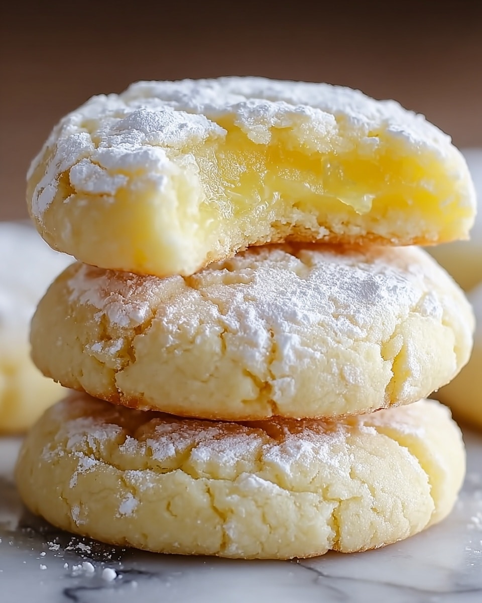 A close-up image of a stack of three round lemon cookies on a white marbled surface, each cookie having a pale yellow color with a delicate crackled texture on the surface dusted with white powdered sugar; the top cookie has a visible bite taken out of it, showing a soft, gooey, translucent lemon filling inside, while the edges of the cookies are slightly uneven and crumbly, emphasizing their fresh and tender texture. photo taken with an iphone --ar 4:5 --v 7