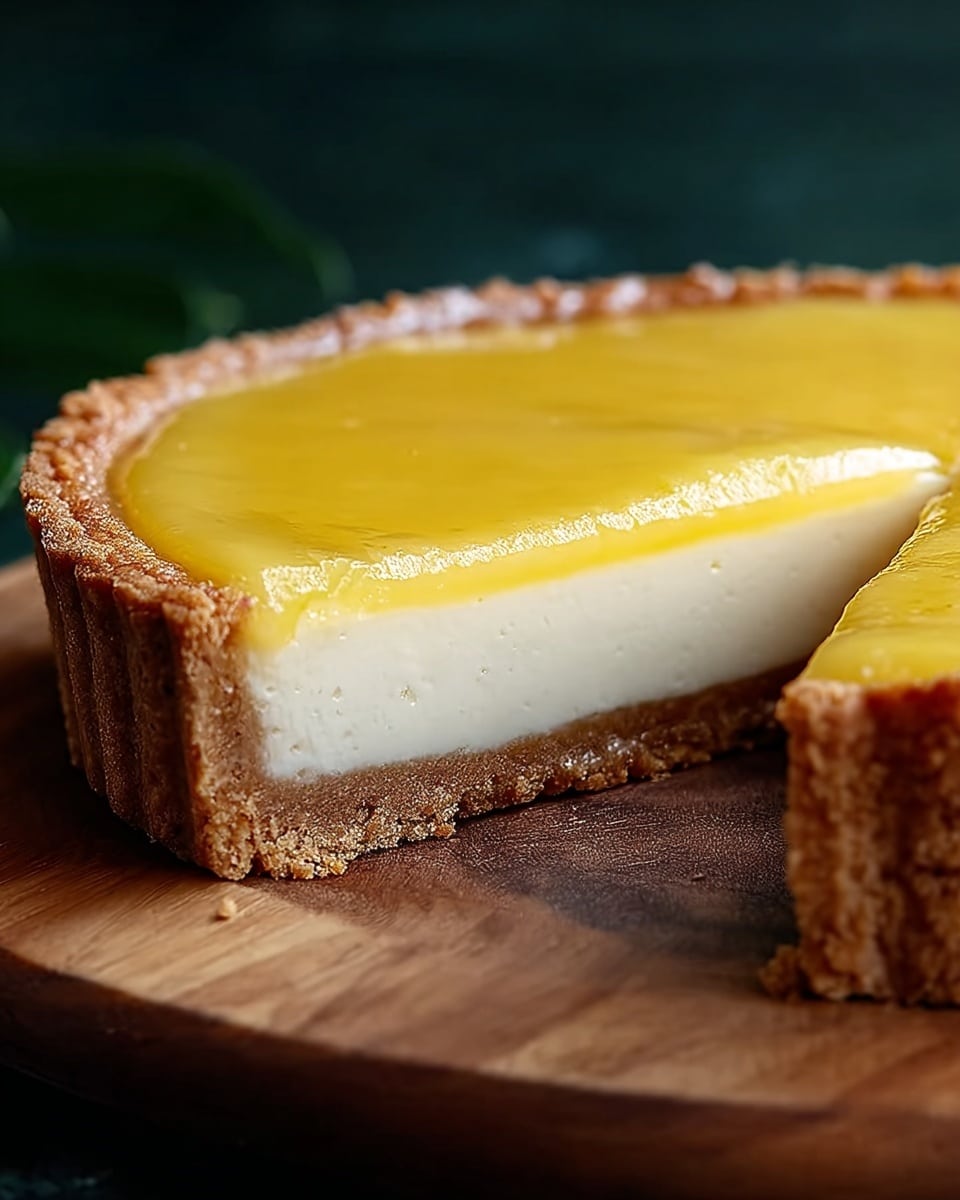 The image shows a round tart with three visible layers. The bottom layer is a thick, crumbly light brown crust with a slightly rough texture. Above that is a creamy, smooth pale yellow middle layer that looks soft and dense. The top layer is a glossy, bright yellow glaze, which is shiny and even, covering the entire surface. The tart is placed on a wooden board. The background is a blurred green. Photo taken with an iphone --ar 4:5 --v 7