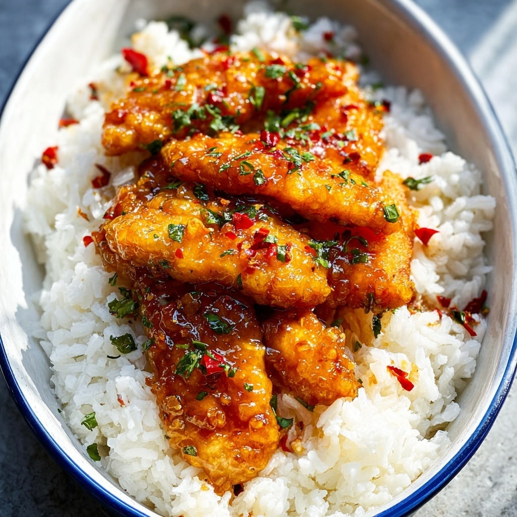 A bowl filled with two distinct layers: the bottom layer consists of fluffy, white steamed rice with a slightly glossy texture, packed densely to fill the oval-shaped bowl, while the top layer features several pieces of golden-brown, crispy chicken coated in a shiny, sticky orange glaze, speckled with chopped green herbs and tiny red chili flakes for garnishing, the chicken pieces arranged overlapping each other and glistening under natural light, creating a mouthwatering contrast against the white rice, photo taken with an iphone --v 7.0