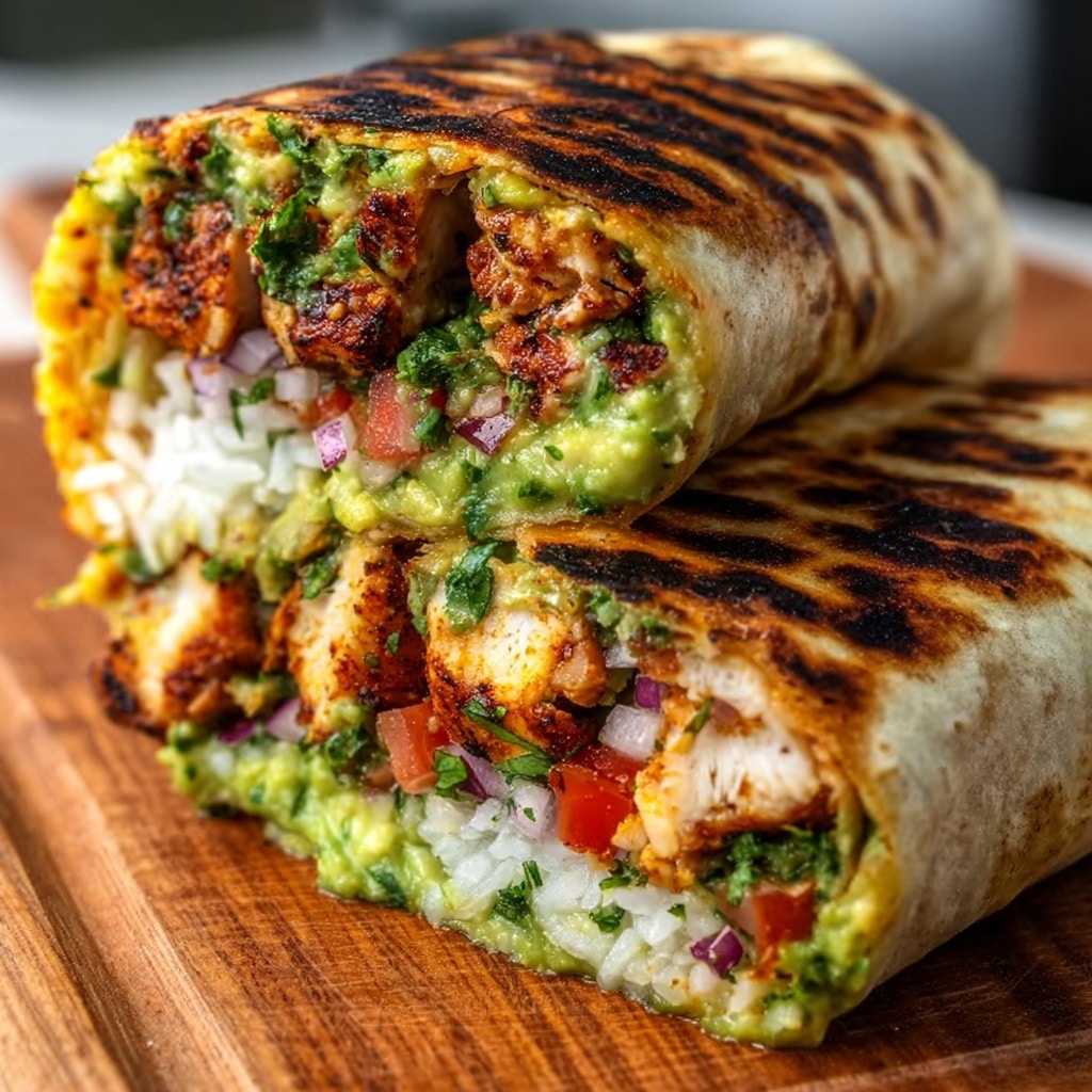 A large burrito sliced in half is positioned on a wooden cutting board, showing off its cross-section. The outer layer is a lightly charred, golden-brown flour tortilla, with distinct grill marks. Inside, the first bottom layer has a creamy green guacamole, followed by a layer of fluffy white rice, then chunks of grilled, spiced chicken with a crispy, caramelized exterior. Next comes a mix of diced tomatoes, red onion, and bits of fresh green cilantro scattered throughout, adding vibrant color and texture. The filling is generously packed, looking juicy and fresh with each layer clearly visible. photo taken with an iphone --v 7.0