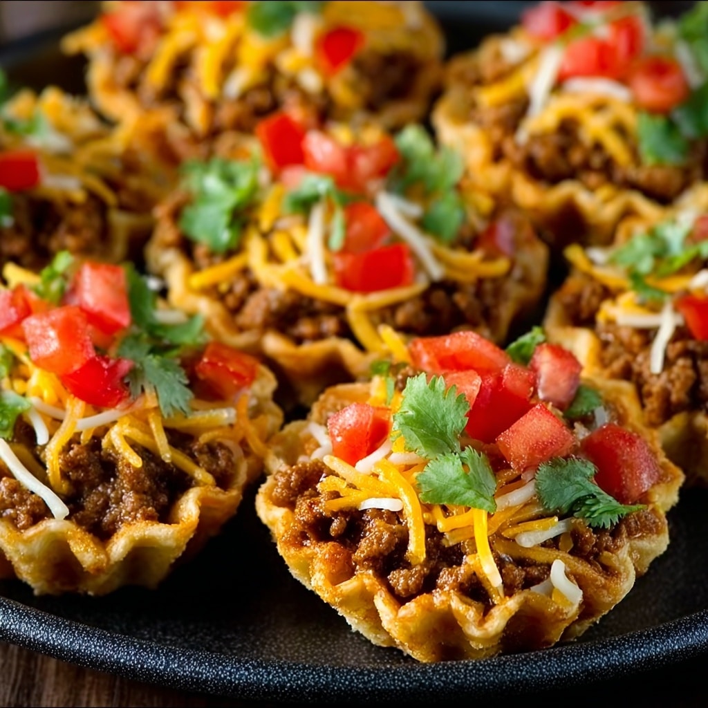 A group of mini taco cups is displayed, each cup having a crisp, golden-brown, fluted shell as the base. Inside the shell is a layer of rich, browned ground beef, topped with a vibrant mix of shredded yellow cheddar cheese and a few strands of white cheese. Bright red diced tomatoes are scattered on top, with flecks of fresh green cilantro leaves providing an extra pop of color. The cups are arranged closely together in a dark tray, and the contrasting colors and textures of cheese, tomatoes, meat, and herbs are clearly visible in each individual serving. photo taken with an iphone --v 7.0