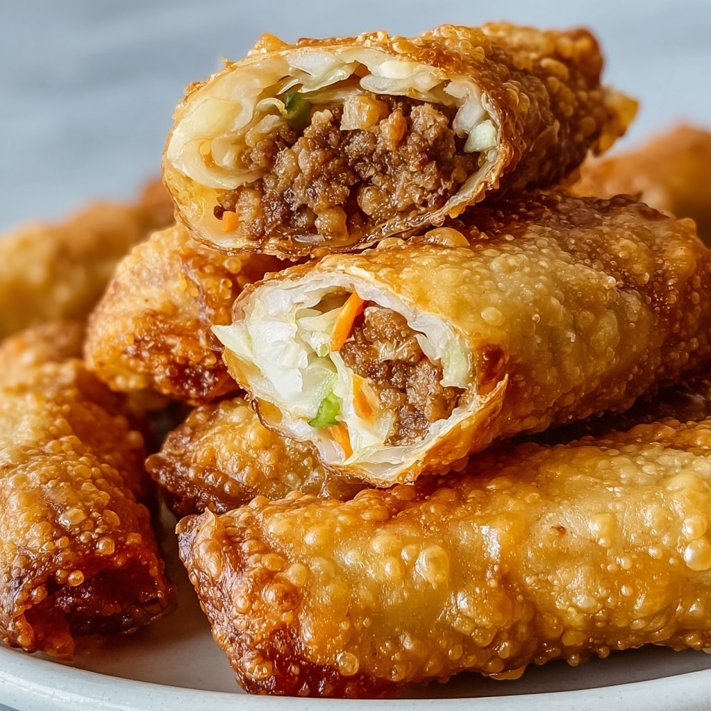 A close-up view of several golden-brown, crispy egg rolls stacked on top of each other, with the top roll split open to reveal two distinct inner layers—a moist, crumbled brown meat filling combined with soft, translucent white cabbage and thinly sliced vegetables. The outermost layer is a bubbly, textured, and flaky deep-fried wrapper enveloping the filling, offering a clear visual contrast between the crunchy exterior and the moist, savory interior. photo taken with an iphone --v 7.0