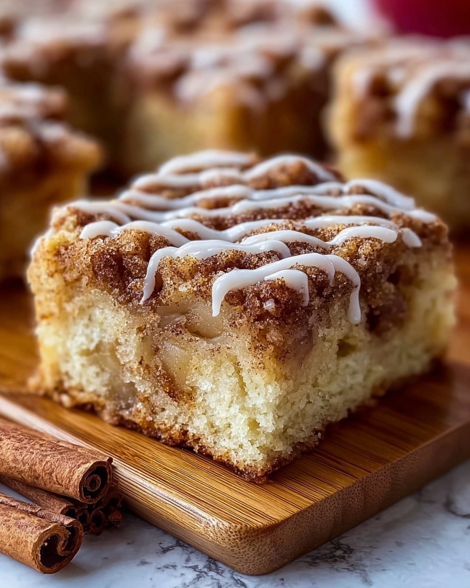The image shows a close-up of a square piece of cinnamon apple cake resting on a wooden board. The cake has two main layers: the bottom layer is a light, soft, and fluffy beige cake, while the top layer is thick with baked apple chunks and a generous mix of brown cinnamon crumb topping. The crumb is textured with visible cinnamon spices and sugar, creating a slightly rough surface. A light drizzle of white icing zigzags across the top, adding a sweet contrast to the warm brown tones. The background is softly blurred, hinting at more pieces of the same cake. Two cinnamon sticks lie next to the cake on the wooden board. The surface underneath is a white marbled texture. Photo taken with an iphone --ar 4:5 --v 7