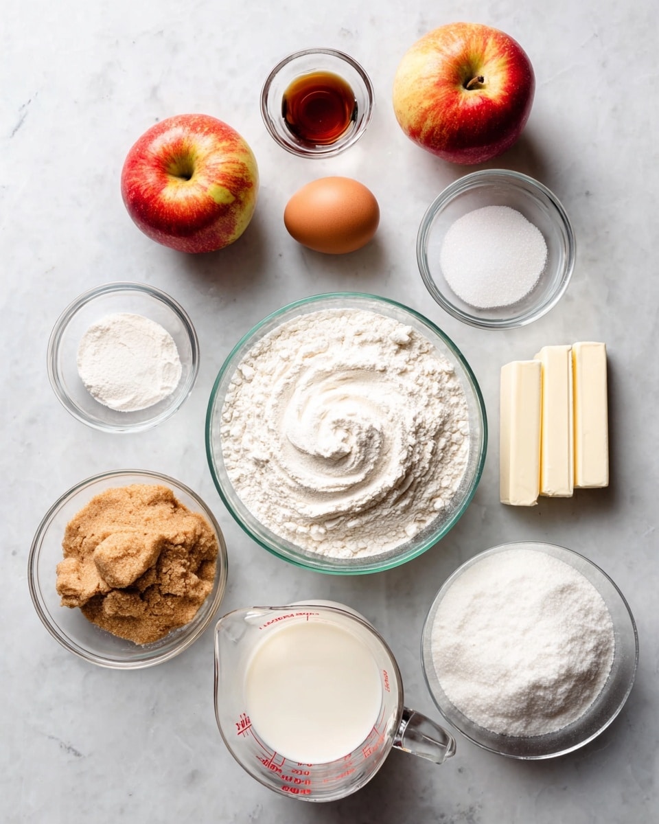 The image shows various baking ingredients arranged on a white marbled surface. There are two whole apples with red and yellow hues placed near the top center. To their right is a glass bowl holding a single brown egg. Below the egg is a small glass bowl with white powder, likely baking powder. On the far left at the top is a small glass bowl with a dark brown liquid, possibly vanilla extract. Below it, there is a small bowl containing white salt. Near the center is a large glass bowl filled with white flour, with a swirl texture on top. To the bottom left, a glass bowl contains light brown sugar with a crumbly texture. Below the brown sugar, two sticks of cream-colored butter marked with red measurements lie side by side. To the right of the butter is a larger glass bowl filled with white granulated sugar. At the bottom is a clear glass measuring cup filled with milk or cream, showing red measurement markings. All items are neatly organized on the white marbled surface, creating a clean and inviting baking scene. photo taken with an iphone --ar 4:5 --v 7