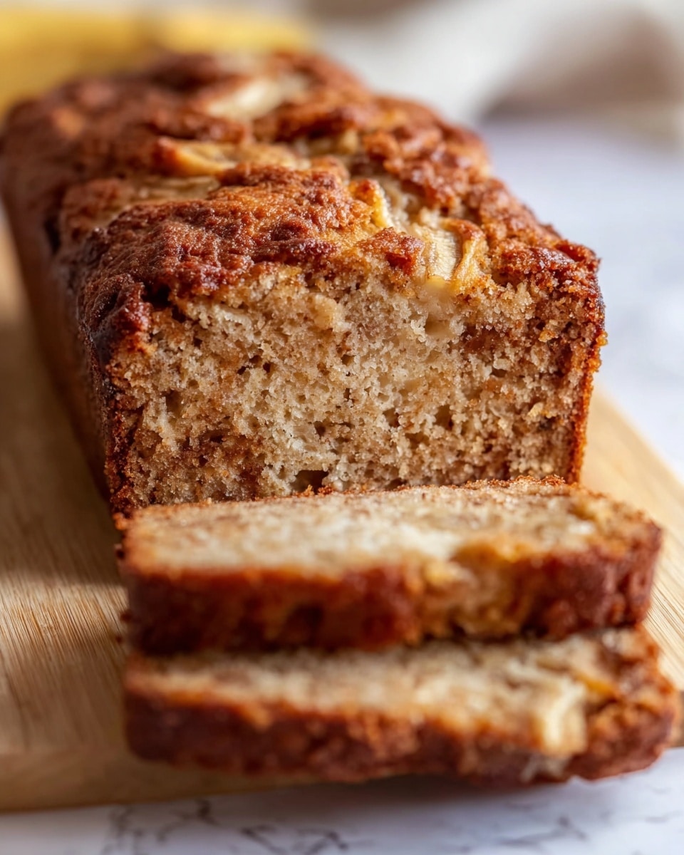 The image shows a thick loaf of bread sliced into three pieces on a wooden board. The bread has a light beige crumb with a soft texture, and a top layer with a darker, caramelized crust that looks crumbly and has chunks of walnuts visible throughout. The slices reveal a moist interior with swirls of cinnamon-brown filling that appear gooey and textured. In the background, there are two red apples slightly blurred, and the whole scene is set against a white marbled surface. photo taken with an iphone --ar 4:5 --v 7