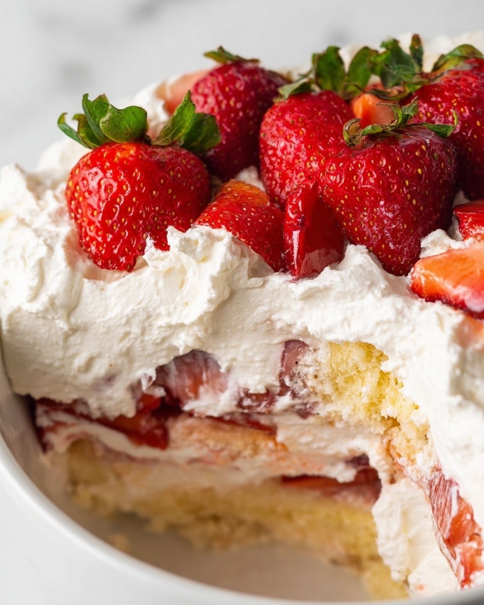 A close-up view of a white bowl filled with a dessert showing three main layers: the bottom layer is light golden and crumbly, likely cake or biscuit; the middle layer consists of fresh red strawberry slices mixed into a creamy white filling; the top layer is a thick, fluffy white whipped cream, generously spread and topped with whole and halved bright red strawberries with green leaves, adding a fresh and vibrant touch. The background and surface are a white marbled texture. Photo taken with an iphone --ar 4:5 --v 7