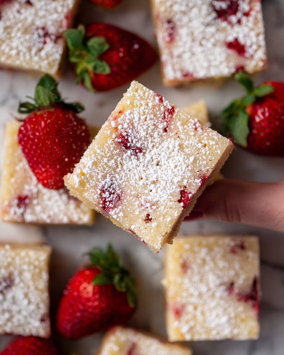 The image shows a close-up of a square strawberry dessert bar held above others, each piece dusted with white powdered sugar. The dessert bars have a light golden top layer with small red strawberry bits spread evenly inside, giving a speckled look throughout. Around the bars, there are fresh whole strawberries with green tops visible, adding a bright red and green contrast to the light-colored bars. All pieces and strawberries rest on a white marbled surface, enhancing the clean, fresh feeling of the scene. photo taken with an iphone --ar 4:5 --v 7