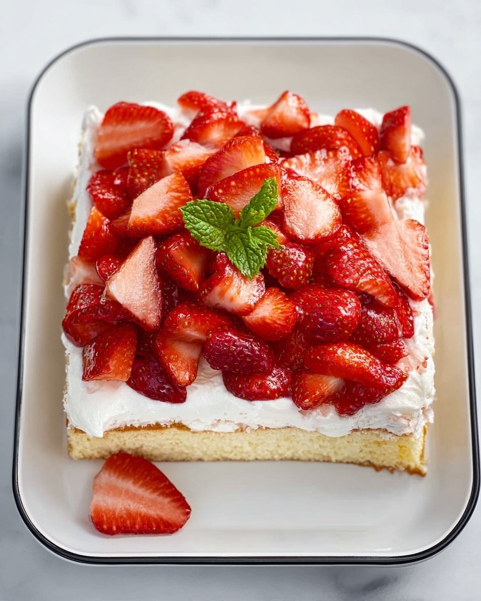 A square dessert sits in a white plate with a thin black edge, placed on a white marbled surface. The dessert has three main layers: a bottom layer of dense light yellow cake, a thick middle layer of white cream spread evenly over the cake, and a top layer packed with bright red, fresh strawberry slices. The strawberries are arranged closely, covering the cream fully, with a small green mint leaf cluster in the center. One stray strawberry slice lies outside near the bottom edge of the plate. The whole scene is brightly lit, showing clear textures of the soft cream and juicy strawberries. photo taken with an iphone --ar 4:5 --v 7