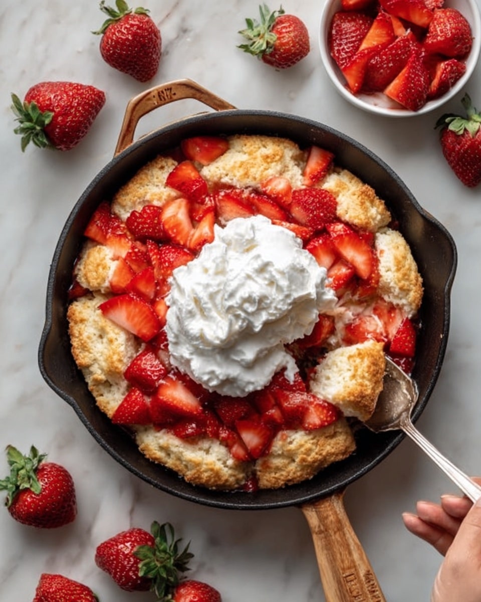 A white round skillet contains a golden-brown biscuit broken into pieces as the base layer, topped with many bright red sliced strawberries spread evenly across it. On top of the strawberries is a large dollop of white whipped cream in the center. A woman's hand holds a spoon digging into the biscuit layer near the bottom right edge of the skillet. Around the skillet are whole strawberries and a small white bowl filled with more sliced strawberries. The scene is set on a white marbled texture background. Photo taken with an iphone --ar 4:5 --v 7